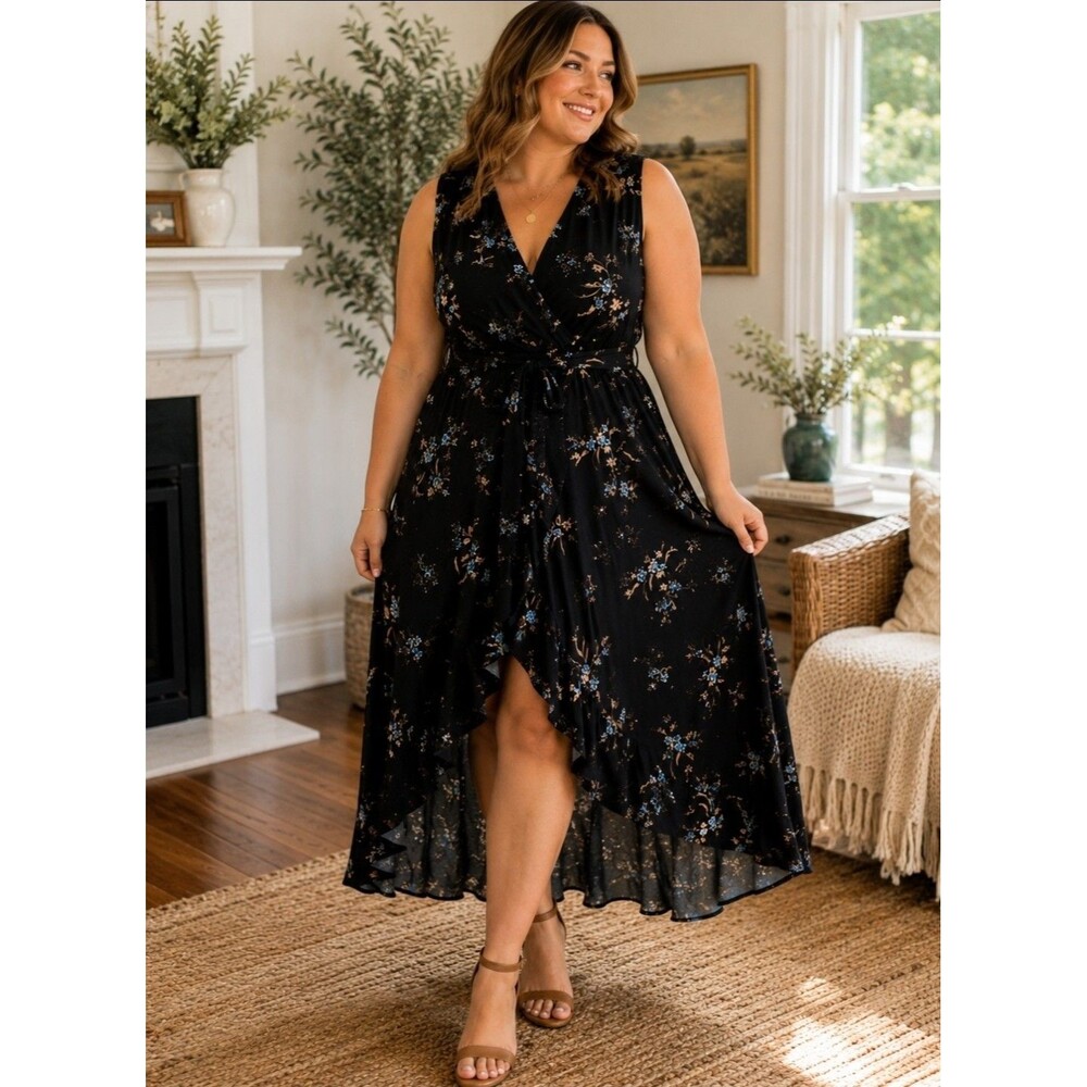 Chelsea Black Garden Floral cottagecore boho-chic classic Midi sleeveless dress